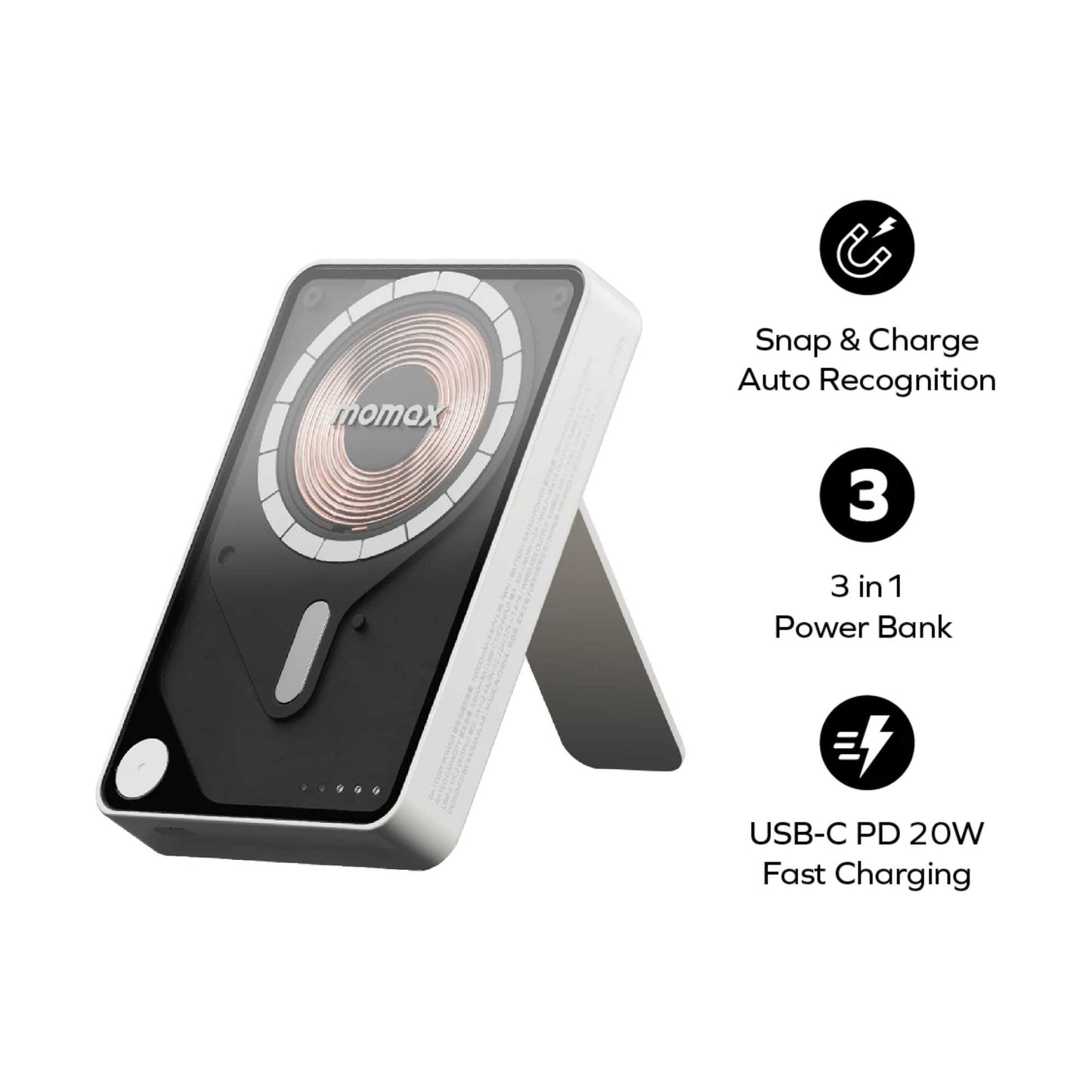 1-Power X Pro Magnetic Wireless Power Bank 5000mAh With Built-In USB-C Cable. white